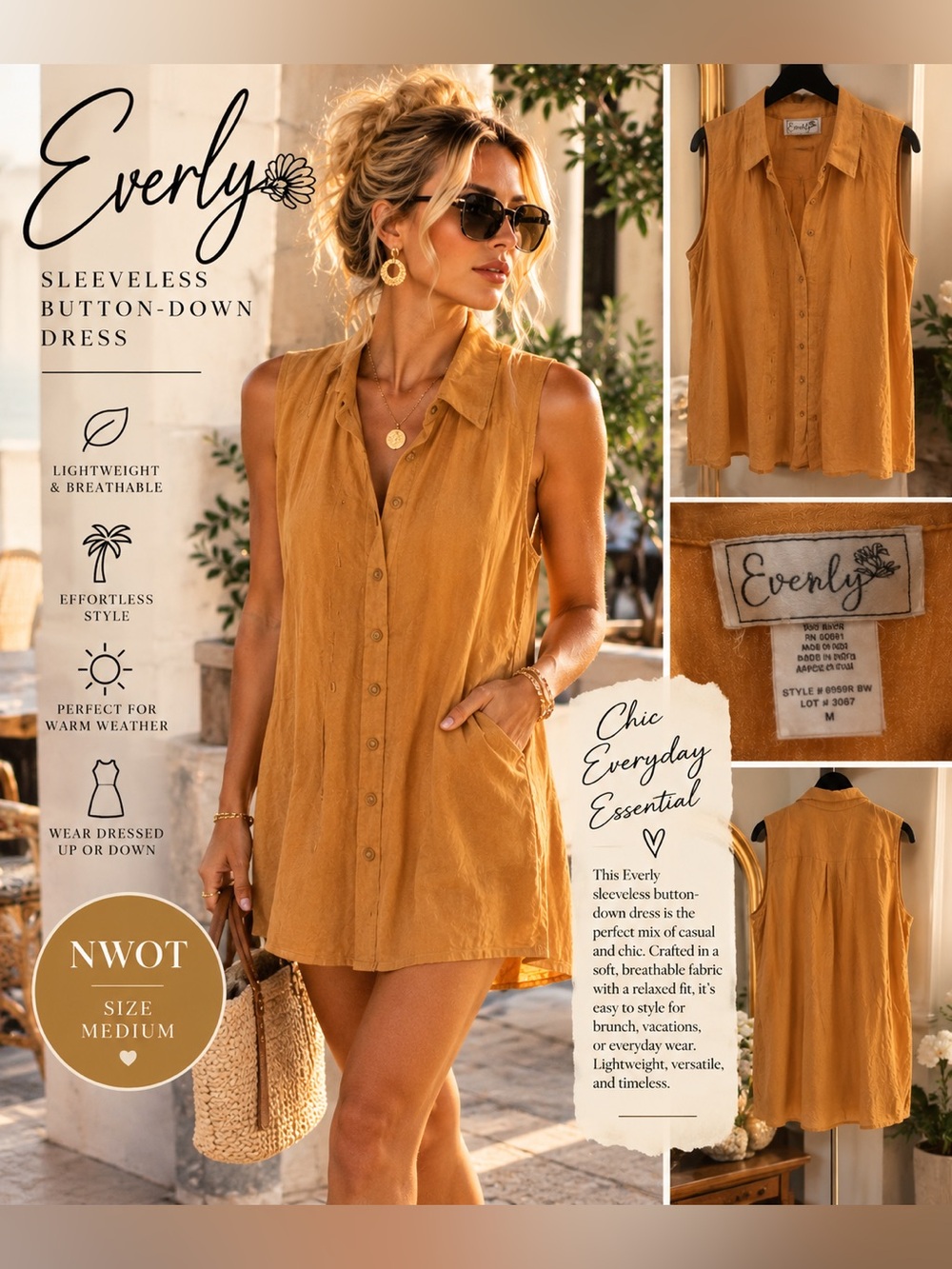 Everly Sleeveless Button-Down Dress in Orange Yellow Size Medium NWT